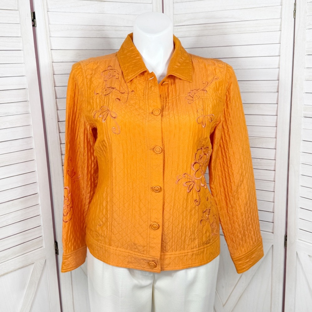 Chico's Boho Embroidered Quilted Wool Silk Blend Jacket Shacket Orange‎ Large 2